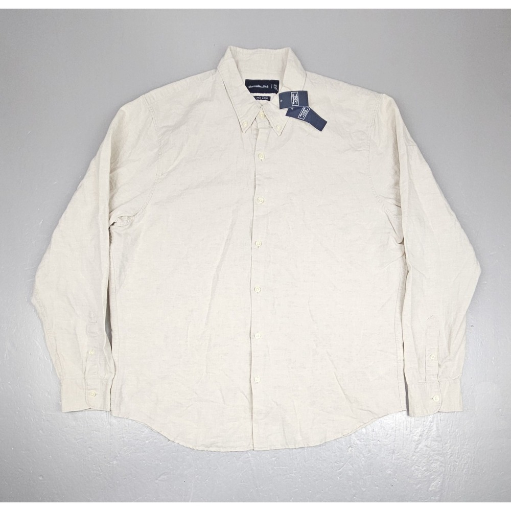 NEW Abercrombie & Fitch Button Down Shirt Mens 2XL Tan Summer Fit Linen Blend LS